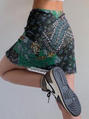 NWT Urban Outfitters Green Floral Patchwork Mesh Mini Skirt S